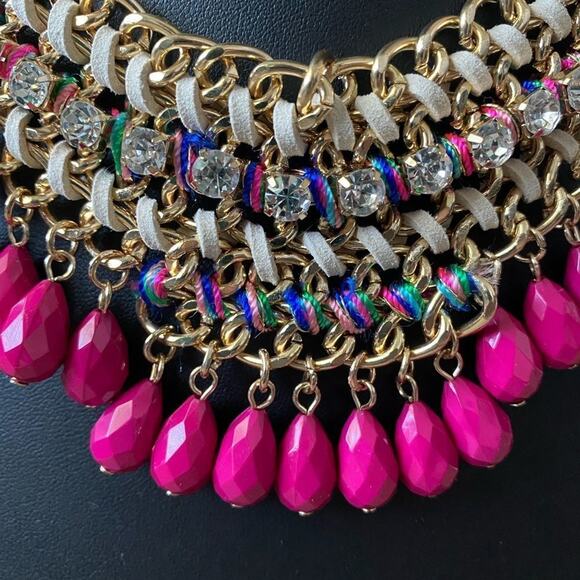New Thalia Sodi Gold Tone Hot Pink Bead Multicolored Bib Statement Necklace 19” - Picture 5 of 5